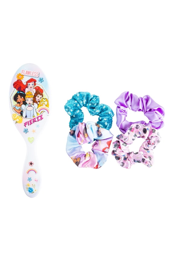 Disney Princess Hair Accessory 5 Pcs Set - 1 Large Disney Princess Hair Brush + 4 Disney Princess Scrunchies - Hair Accessories For Girls - Detangling Brush - Elastic Hair Ties Ropes Scrunchies