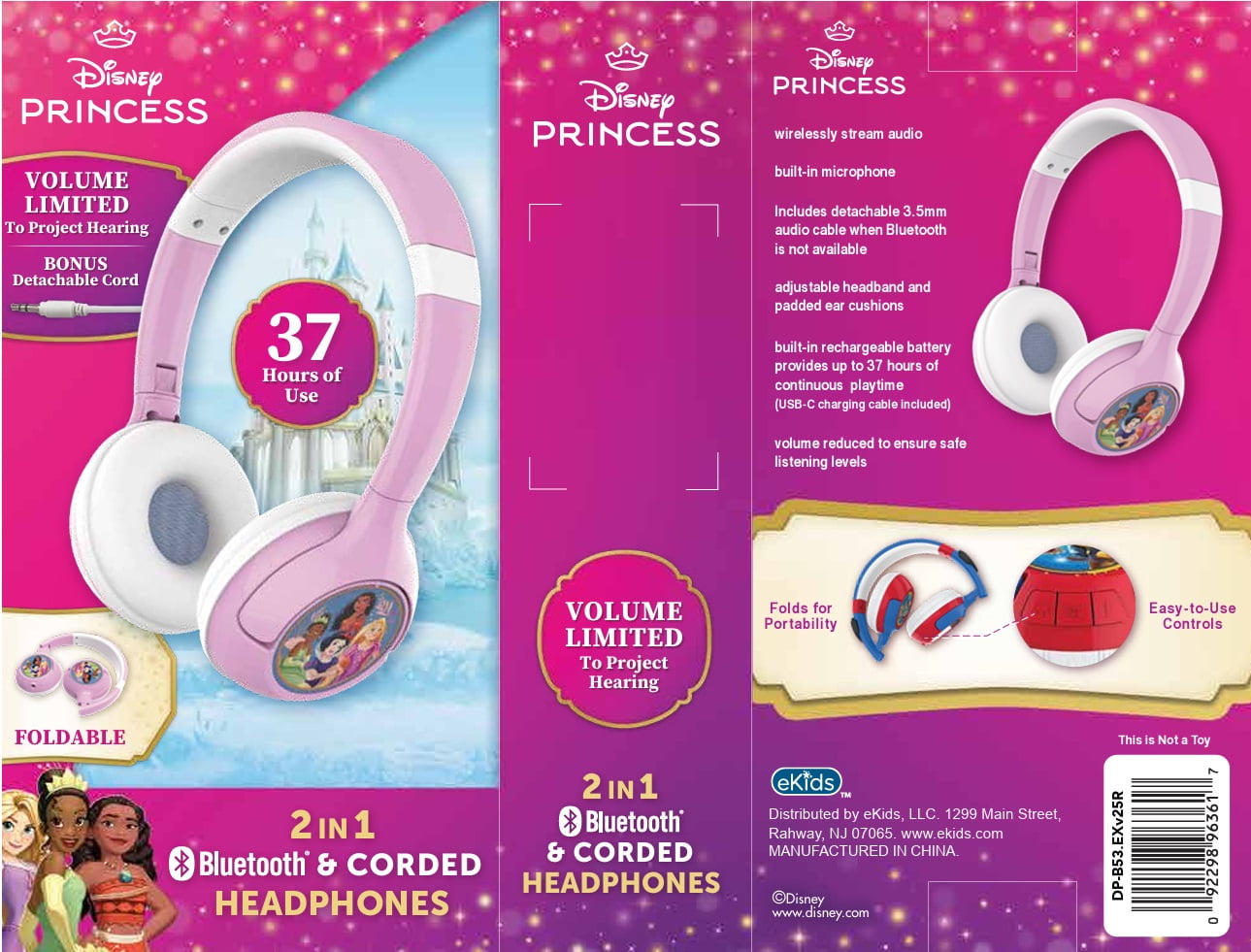eKids Disney Princess Wireless Headphonee for kids, Foldable, with Microphone Includes Aux Cord, Earphones