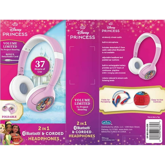 eKids Disney Princess Wireless Headphonee for kids, Foldable, with Microphone Includes Aux Cord, Earphones