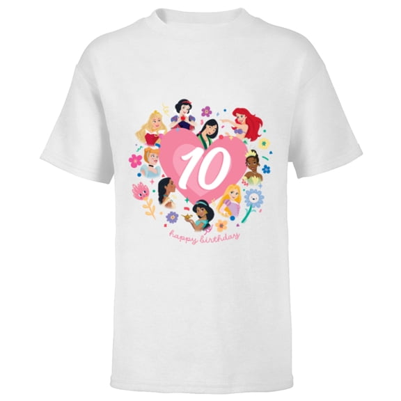 Disney Princess Heart 10 Years Old Happy Tenth Birthday - Short Sleeve T-Shirt for Kids - Customized-White