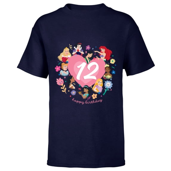 Disney Princess Heart 12 Years Old Happy Twelfth Birthday - Short Sleeve T-Shirt for Kids - Customized-Navy