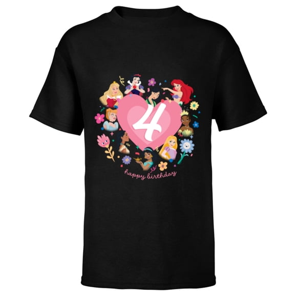 Disney Princess Heart 4 Years Old Happy Fourth Birthday - Short Sleeve T-Shirt for Kids - Customized-Black
