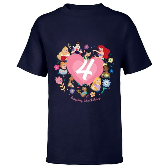 Disney Princess Heart 4 Years Old Happy Fourth Birthday - Short Sleeve T-Shirt for Kids - Customized-Navy