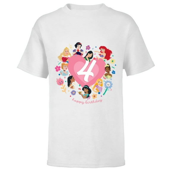 Disney Princess Heart 4 Years Old Happy Fourth Birthday - Short Sleeve T-Shirt for Kids - Customized-White