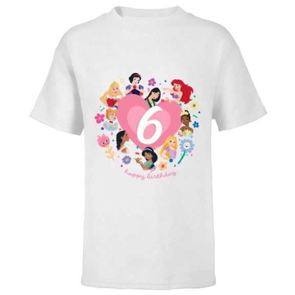 Disney Princess Heart 6 Years Old Happy Sixth Birthday - Short Sleeve T-Shirt for Kids - Customized-White