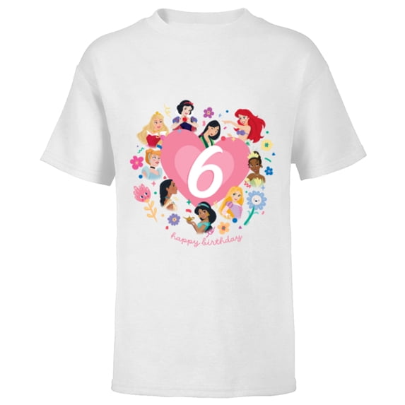 Disney Princess Heart 6 Years Old Happy Sixth Birthday - Short Sleeve T-Shirt for Kids - Customized-White