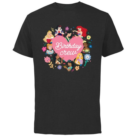 Disney Princess Heart Flowers Friends & Family Birthday Crew - Short Sleeve Cotton T-Shirt for Adults - Customized-Black