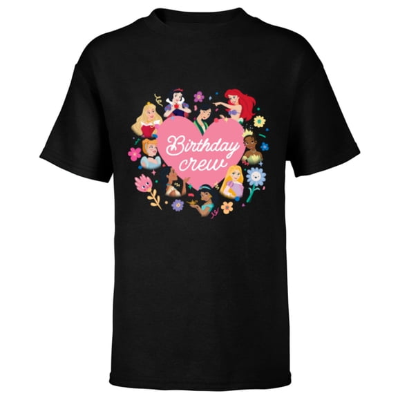Disney Princess Heart Flowers Friends & Family Birthday Crew - Short Sleeve T-Shirt for Kids - Customized-Black