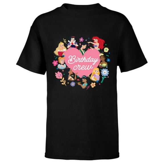 Disney Princess Heart Flowers Friends & Family Birthday Crew - Short Sleeve T-Shirt for Kids - Customized-Black