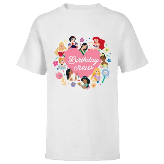 Disney Princess Heart Flowers Friends & Family Birthday Crew - Short Sleeve T-Shirt for Kids - Customized-White