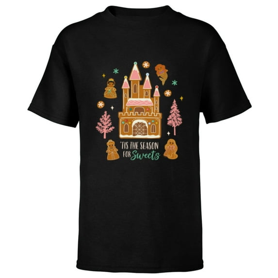 Disney Princess Holiday Gingerbread Castle Season for Sweets - Short Sleeve T-Shirt for Kids - Customized-Black
