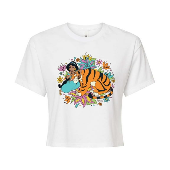 Disney Princess - Jasmine And Rajah Flowers- Junior's Cropped T-Shirt