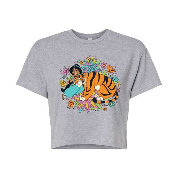Disney Princess - Jasmine And Rajah Flowers- Junior's Cropped T-Shirt