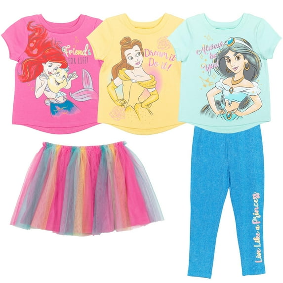 Disney Princess Jasmine Belle Ariel Little Girls T-Shirt Leggings and Skirt 3 Piece Infant to Big Kid