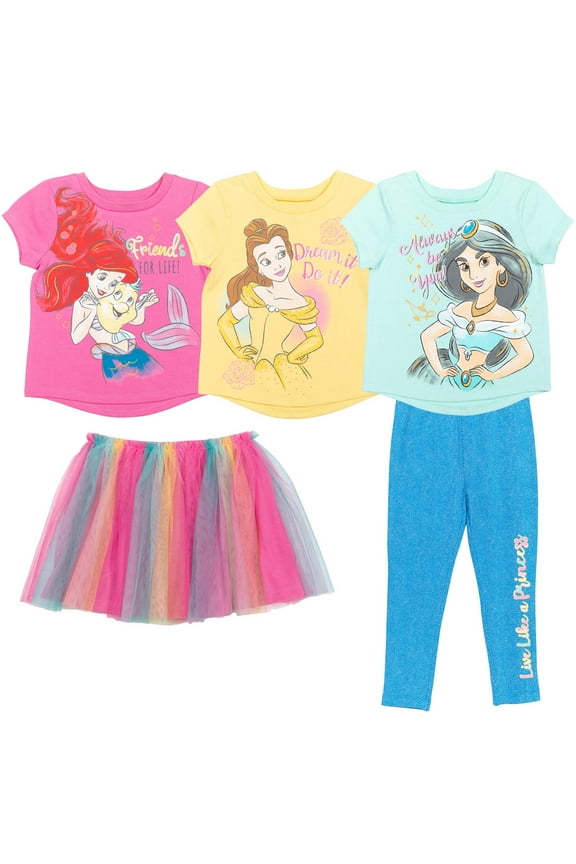 Princess Jasmine Belle Ariel Toddler Girls T-Shirt Leggings and Skirt 3 Piece Infant to Big Kid