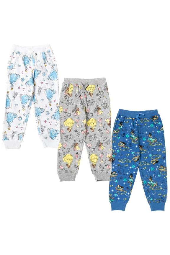 Princess Jasmine Belle Cinderella Little Girls Fleece 3 Pack Pants Toddler to Big Kid