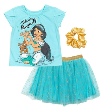 Disney Princess Jasmine Big Girls T-Shirt Skirt and Scrunchie 3 Piece Outfit Set Toddler to Big Kid