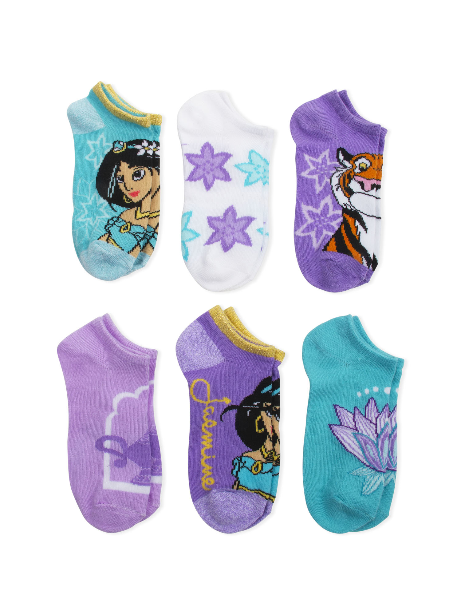 Disney Princess Jasmine Girls Socks, 6 Pack No Show (Little Girls & Big Girls) - image 1 of 2