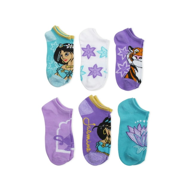 Disney Princess Jasmine Girls Socks, 6 Pack No Show (Little Girls & Big Girls)