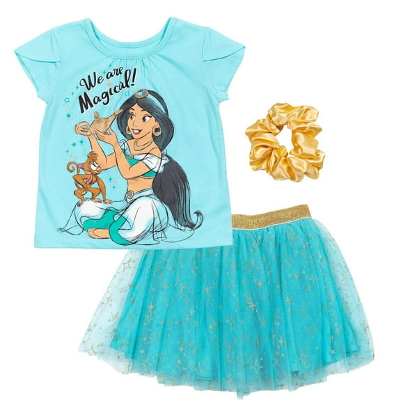 Disney Princess Jasmine Little Girls T-Shirt Skirt and Scrunchie 3 Piece Outfit Set Toddler to Big Kid