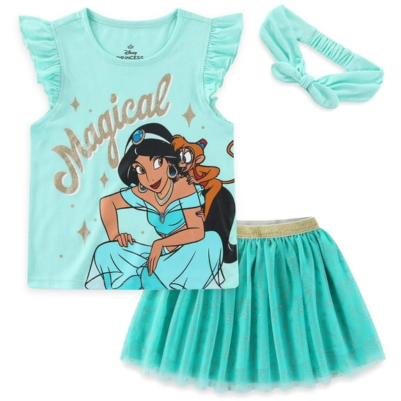 Disney Princess Jasmine Short Sleeve Shirt and Tulle Tutu Skirt with Headband (Girls), 3 Piece Set, Sizes 2T-10