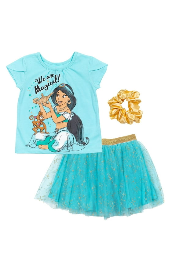 Princess Jasmine Toddler Girls T-Shirt Skirt and Scrunchie 3 Piece Outfit Set Toddler to Big Kid