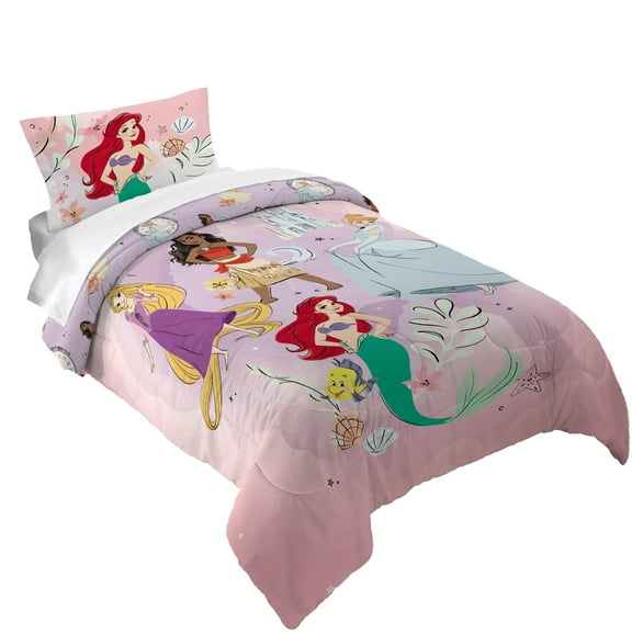 Disney Princess Kids 2 Piece Pink Purple Reversible Comforter and Pillowcase set, Twin/full
