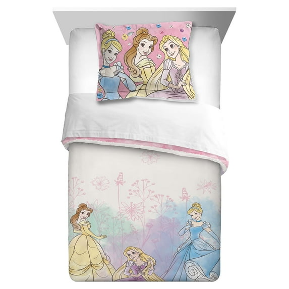Disney Princess Kids Comforter and Sham, 2-Piece Set, Twin/Full, Reversible, Pink and White