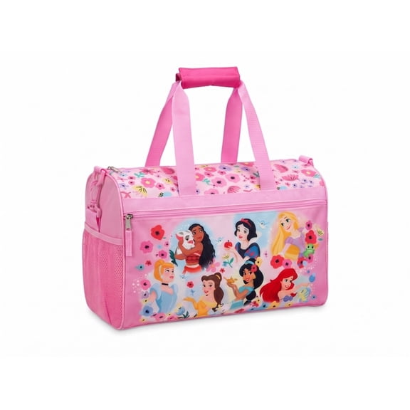 Disney Princess Kids Duffle Bag 16.5" Travel & Sports Bag with Zipper Pocket, Mesh Side Pockets & Shoulder Strap
