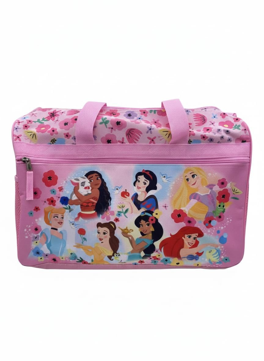 Disney Princess Kids Duffle Bag 16.5"  Travel & Sports Bag with Zipper Pocket, Mesh Side Pockets & Shoulder Strap