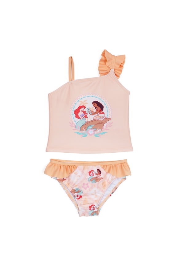 Disney Princess Little Girls' Asymmetrical Two-Piece Swimsuit with Ruffle Trim Sand Beige Ariel and Moana
