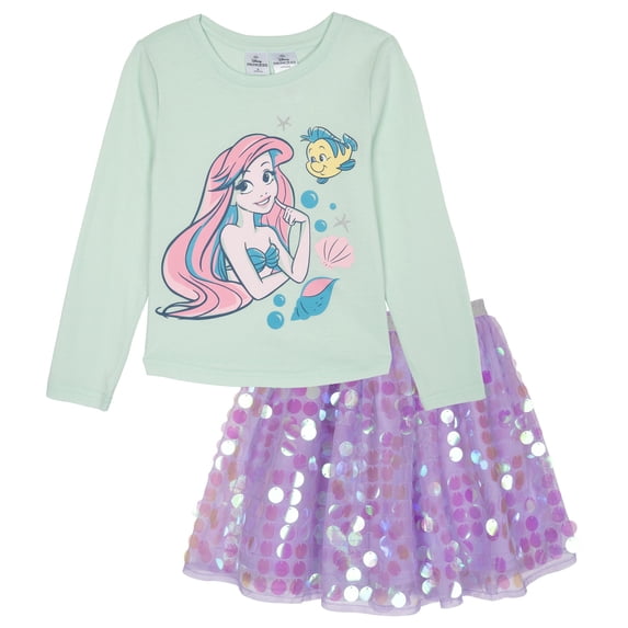Disney Princess Little Girls' Long Sleeve Tee and Sequin Skirt Set Lilac Ariel Flounder