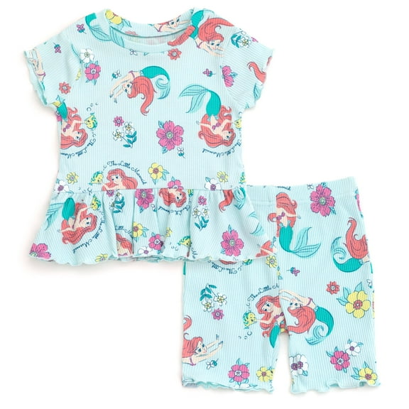 Disney Princess Little Mermaid Ariel Ribbed Peplum T-Shirt and Shorts Outfit Set Newborn to Little Kid