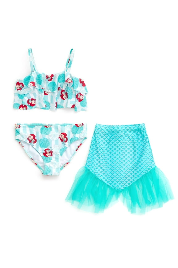 Princess Little Mermaid Ariel Ruffled Square Neck UPF 50+ Bikini Top, Bottom and Tail 3 Piece Swim Set Little Kid to Big Kid