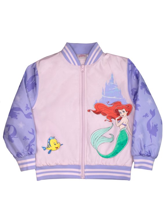 Princess Little Mermaid Zip Up Bomber Jacket for Girls, Kids Bomber Jacket (Size 4-16)