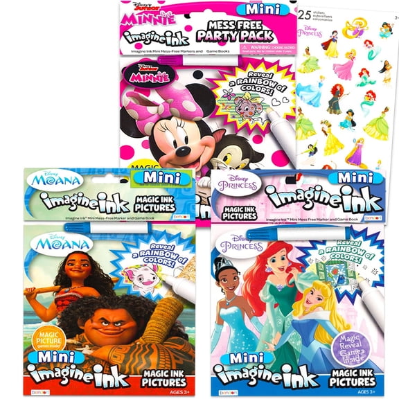 Disney Princess Magic Ink Coloring Book Set -- Bundle with 3 Imagine Ink Books for Girls Kids Toddlers Featuring Disney Princess, Moana, and Minnie Mouse with Invisible Ink Pen and Stickers