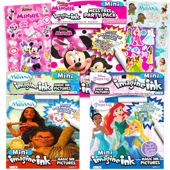 Disney Princess Magic Ink Coloring Book Set -- Bundle with 3 Imagine Ink Books for Girls Kids Toddlers Featuring Disney Princess, Moana, and Minnie Mouse with Invisible Ink Pen and Stickers