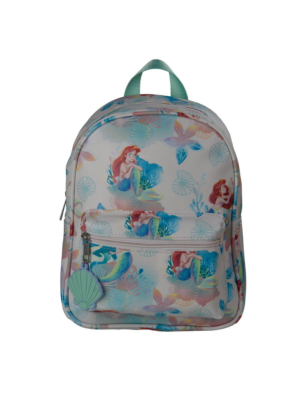 Disney Princess Mini Backpack with Allover Little Mermaid Print & Molded Shell Dangle, 10.5 Inches, Adjustable Straps, Faux Leather