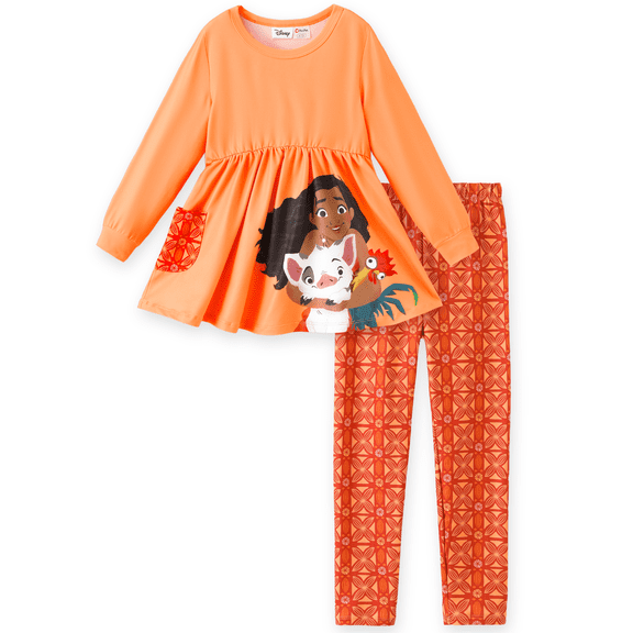Disney Princess Moana Girls 2 Piece Outfit Orange Tunic Dress Top Shirts Floral Leggings Set Toddler