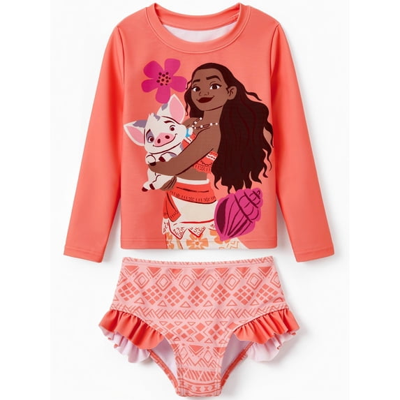 Disney Princess Moana Girls Rash Guard Swimsuit Long Sleeve Top and Ruffle Bikini Bottom Set for Kids 2–9Y