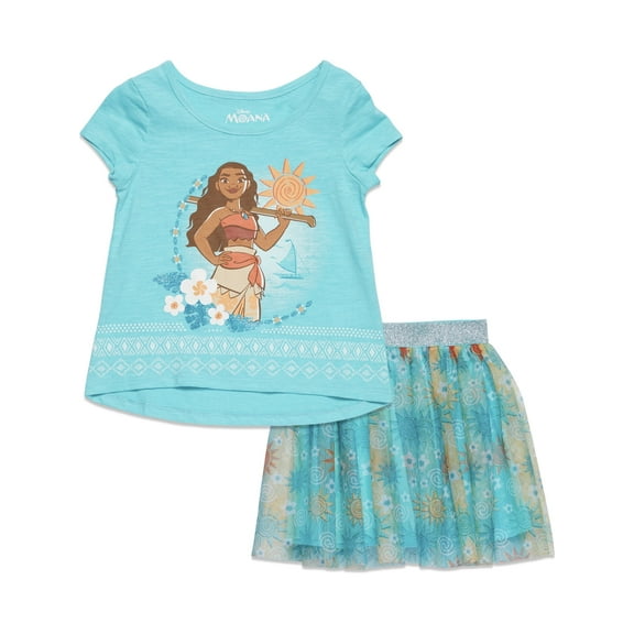 Disney Princess Moana Graphic Tshirt Mesh Skirt Outfit Set, Aqua Blue, Size 2T
