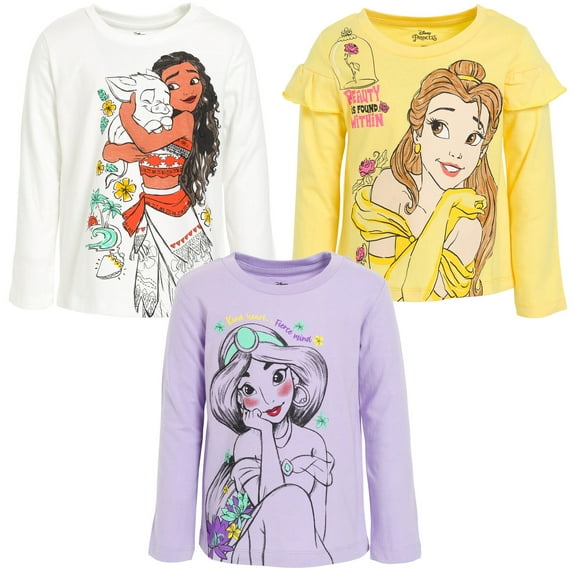 Disney Princess Moana Jasmine Belle Big Girls 3 Pack Long Sleeve T-Shirts Toddler to Big Kid