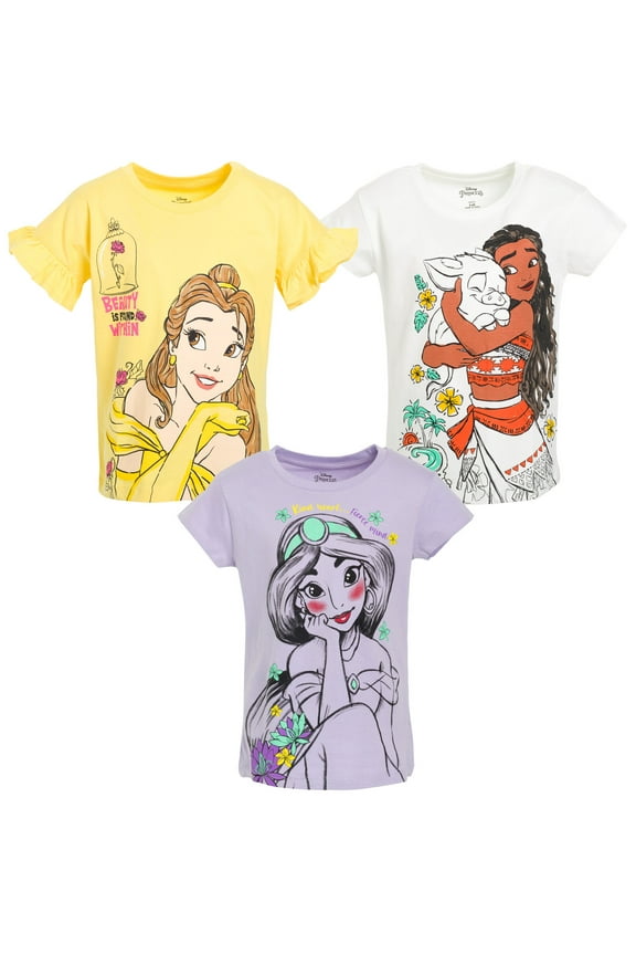 Princess Moana Jasmine Belle Big Girls 3 Pack T-Shirts Toddler to Big Kid