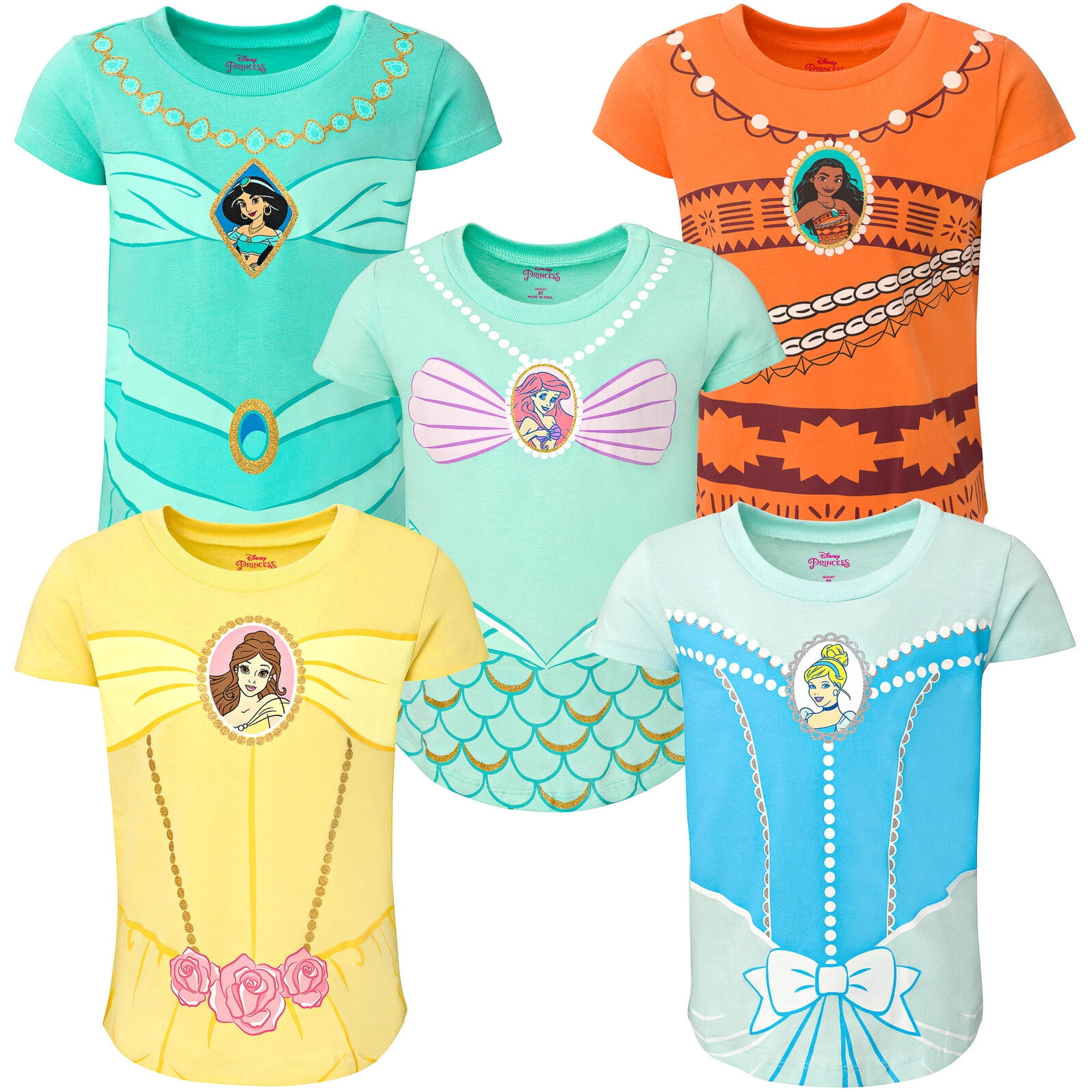 Disney Princess Moana Jasmine Belle Little Girls 5 Pack T-Shirts ...