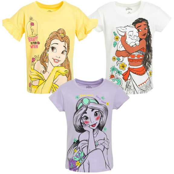 Disney Princess Moana Jasmine Belle Toddler Girls 3 Pack T-Shirts Toddler to Big Kid