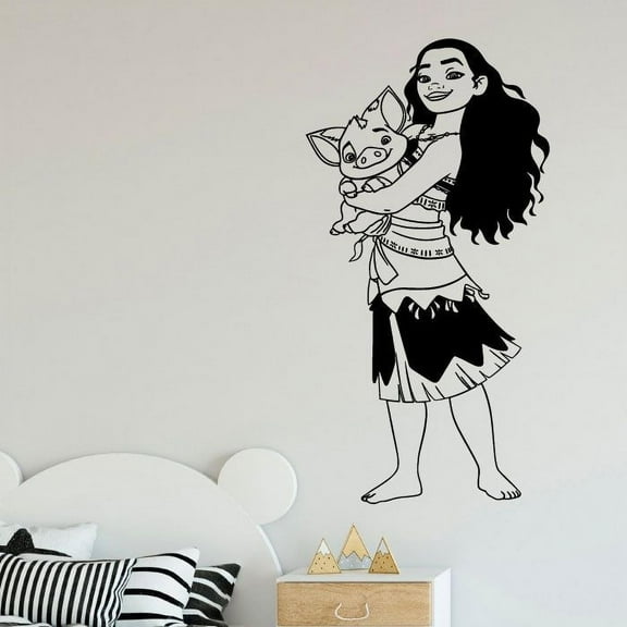 Disney Princess Moana And Pua The Pig Vinyl Wall Art Sticker Decal Moana Disney Themed Wall Sticker For Girls Boys Kids Room Design Bedroom Nursery Kindergarten House Decoration Size (8x10 inch)