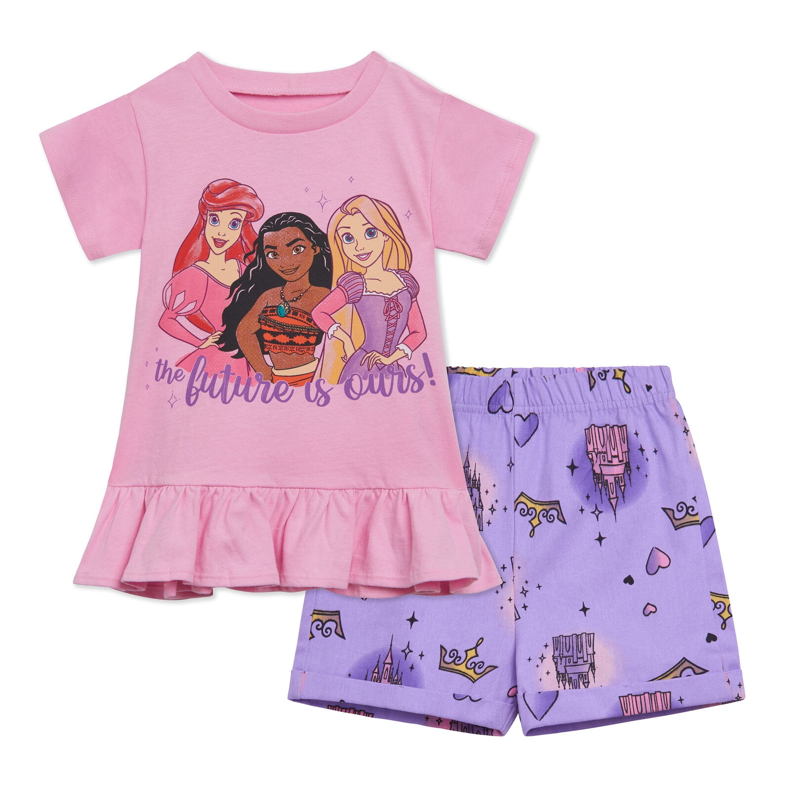 Disney Princess Moana Rapunzel Ariel Peplum T-Shirt and Twill Shorts Outfit Set Toddler to Big Kid