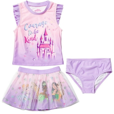 Disney Princess Moana Rapunzel Jasmine Little Girls Tankini Top Mesh Modest Swimsuit Skirt and Bikini Bottom 3 Piece Toddler to Big Kid