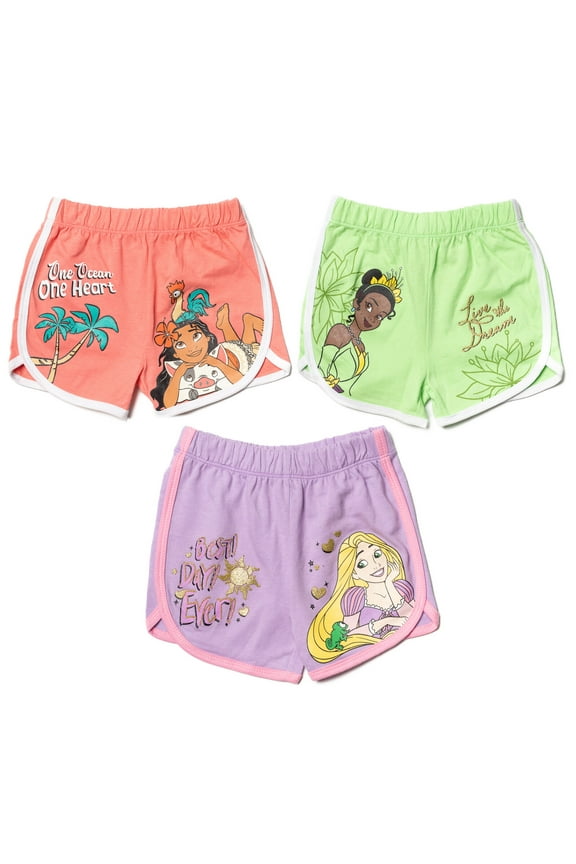 Princess Moana Rapunzel Tiana Little Girls French Terry 3 Pack Active Retro Dolphin Shorts Toddler to Big Kid