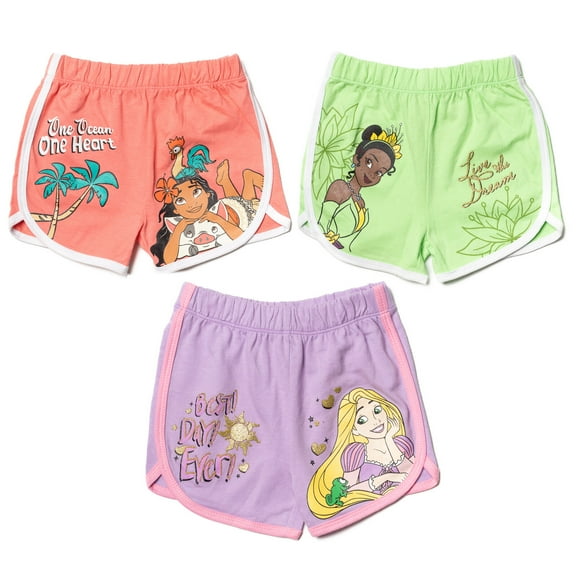 Disney Princess Moana Rapunzel Tiana Toddler Girls French Terry 3 Pack Active Retro Dolphin Shorts Toddler to Big Kid